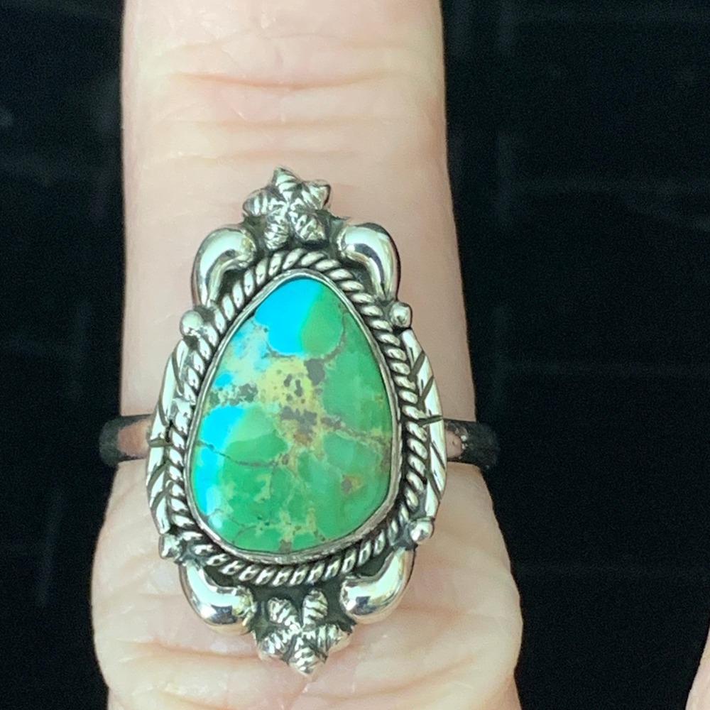 925 Sterling Silver Sonoran Gold Turquoise Teardrop Ring Size 7.75 Southwestern